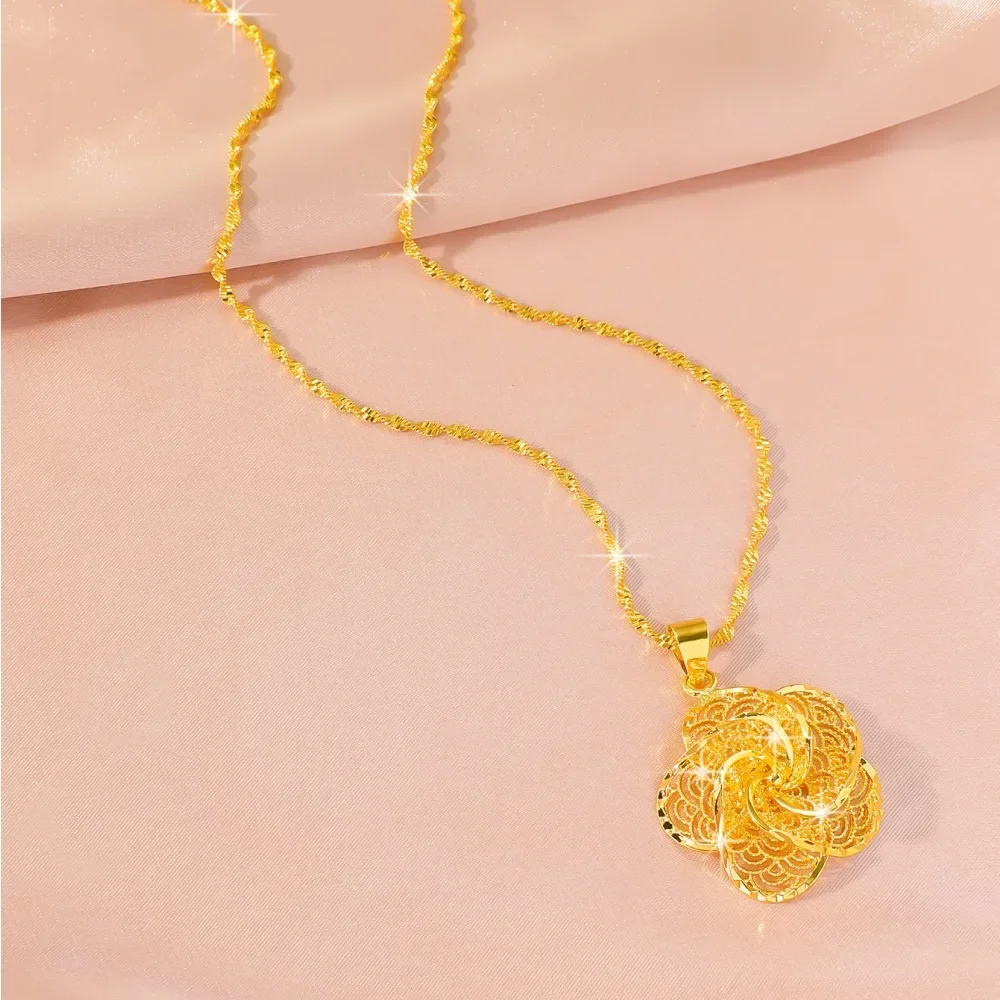 Women's Light Luxury Fashion Niche Design 9999 24K Real Gold Hollowed Out Large Flower Pendant Necklace