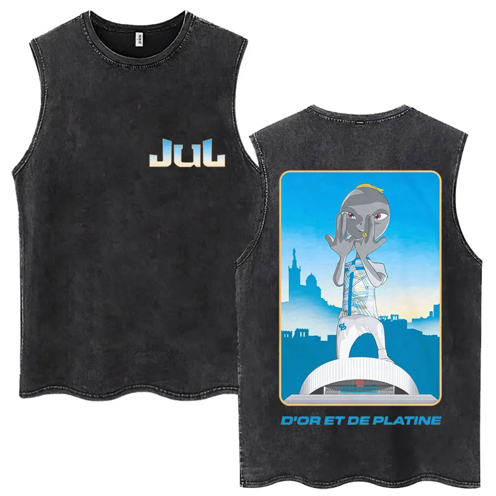 French Rapper Jul Graphic Vintage Washed Tank Tops Men's Clothing Hip Hop Vintage Vests Cotton Loose Fashion Sleeveless T Shirts