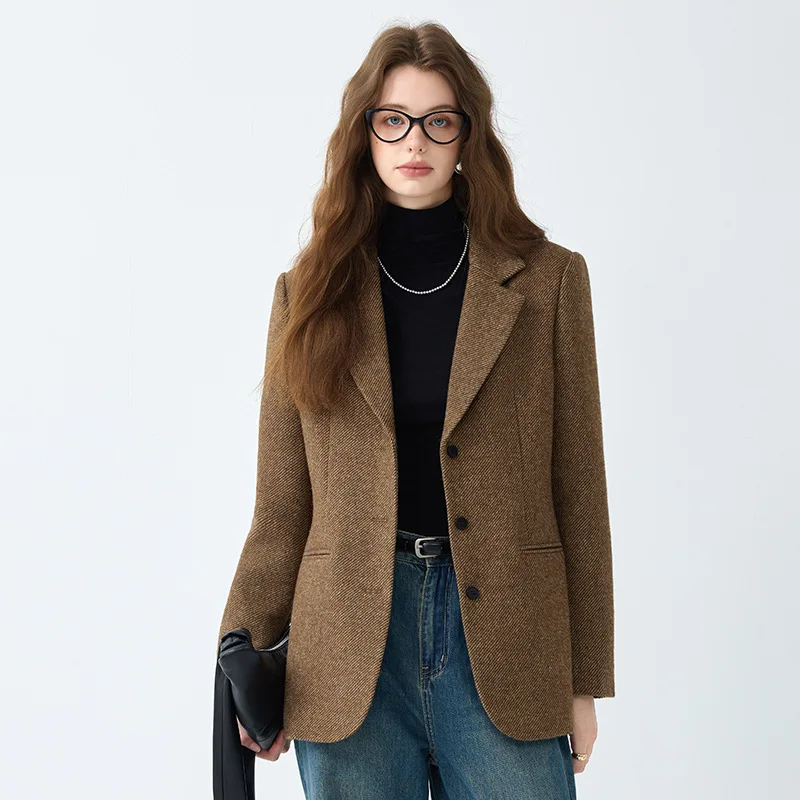 High quality woolen women blazer long sleeve jacket single breasted autumn winter 2025 elegant office clothes grey brown