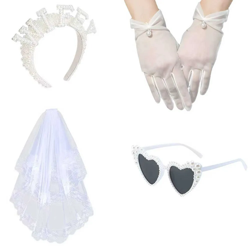 

PESENAR Гламурный комплект свадебных аксессуаров для невесты, повязка на голову с кристаллами, кружевная вуаль, перчатки и солнцезащитные очки в форме сердца