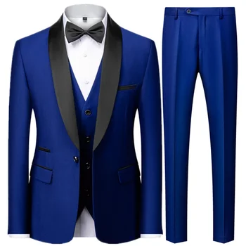 Black Men Autumn Wedding Party Three Pieces Set Large Size Male Blazer Coat Pants and Vest Fashion Slim Fit Suit 4