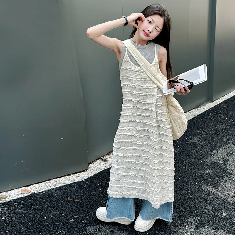 

Girls Suits 2024 Lace Slip Dress New White Dress Korean Long Skirt Summer Holiday Style Slip Two-piece Set Clothes Top and Skirt