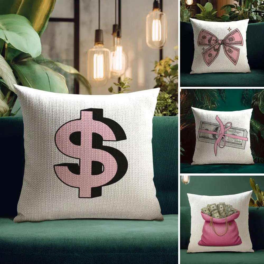

Pink Money Pillow Case Natural Linen Organic Fabric Double-Sided Printing Breathable Perfect for Home Decor