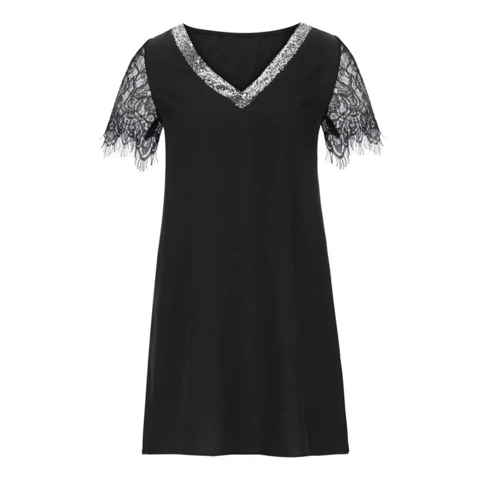 Women Mini Dress Elegant V Neck Sequin Lace Mini Dress for Women Soft Solid Color Short Sleeves Summer Dress Stylish Ol Commute