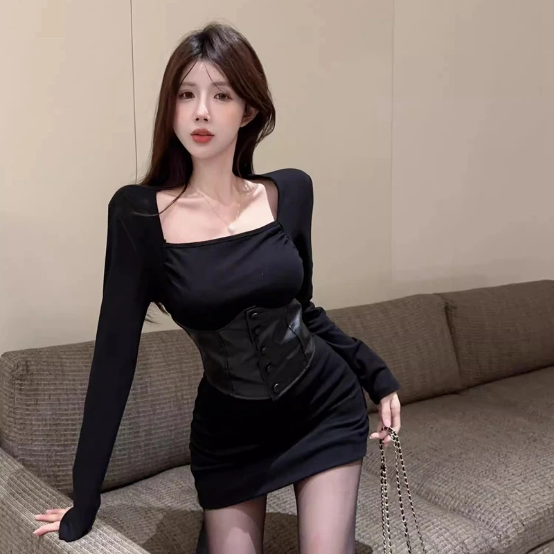 Women Dress Spring Autumn Square Neck Fake Two Pieces PU Leather Waist Seal Long Sleeve Tight Sexy Hip Wrap Dress