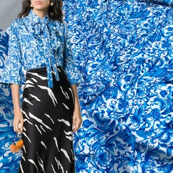 Printed Blue White Porcelain Pattern Imitation Silk Stretch Satin Polyester Soft Fashion Ladies Shirt Scarf Diy Fabric Cloth