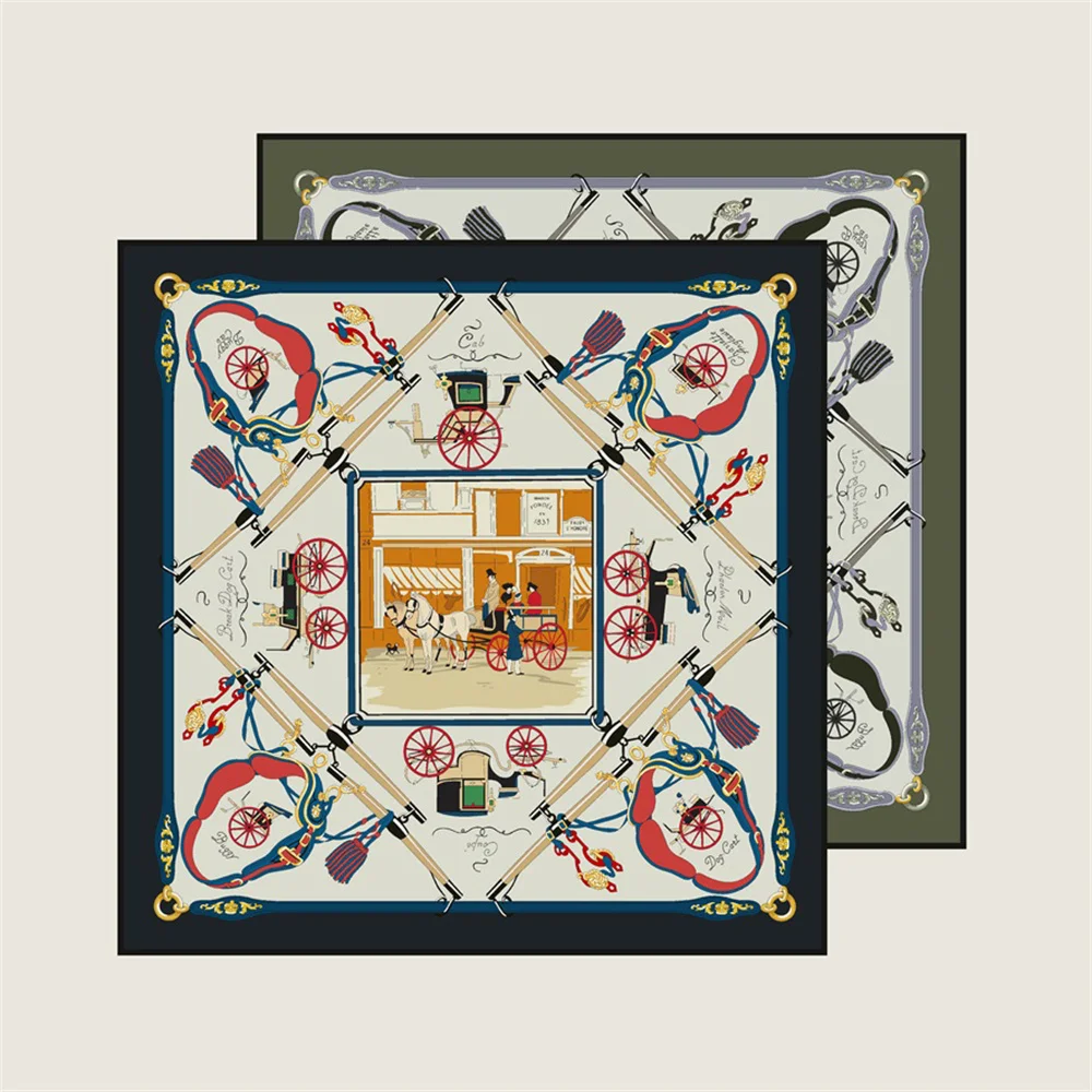 

Silk Scarves Horse Carriage Printed Twill Silk Scarf Women Shawls Luxury Design Hijab Fashion Square Curled Scarf Neckerchief