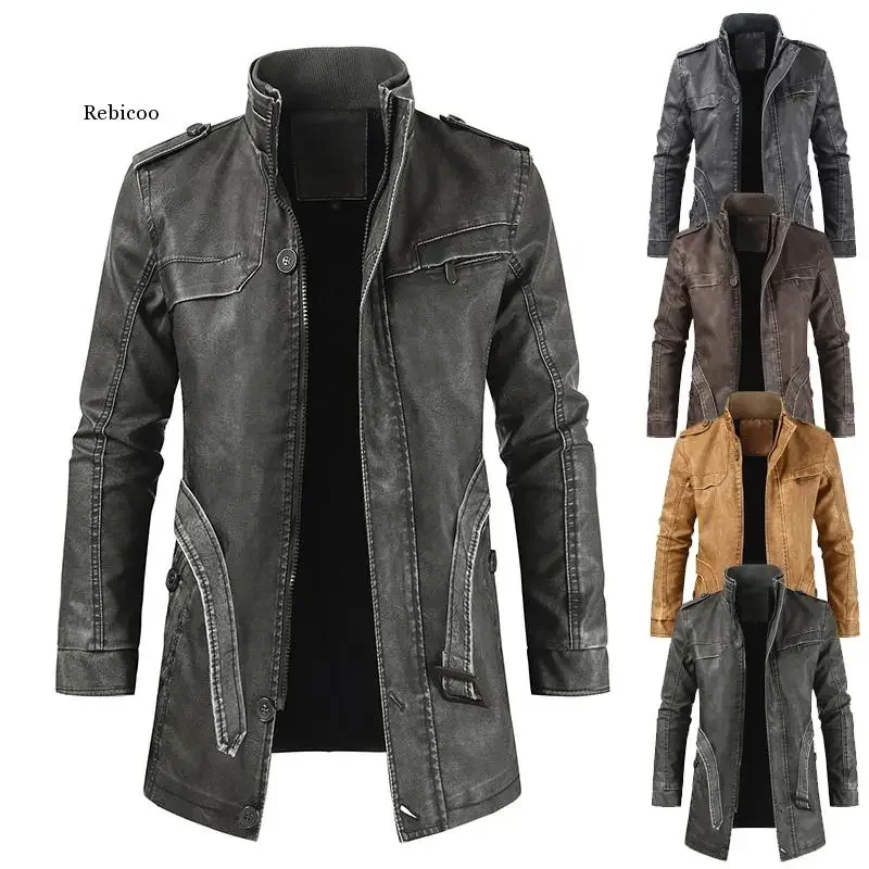 

Men Coat Autumn Winter New Arrival Stand Collar Men's Mid-Length Leather Jacket