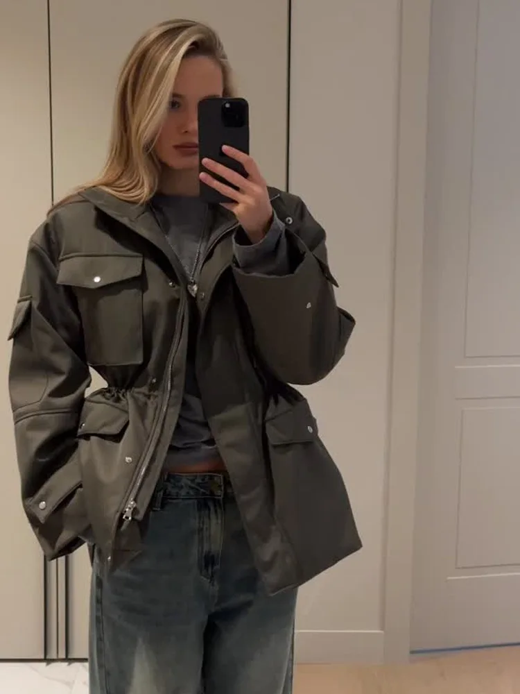 Siren Chic High Neck Zipper Multi Pockets Jacket Solid Color Waist Cinched Long Sleeve Casual Coat Fashion Street Women's Jacket