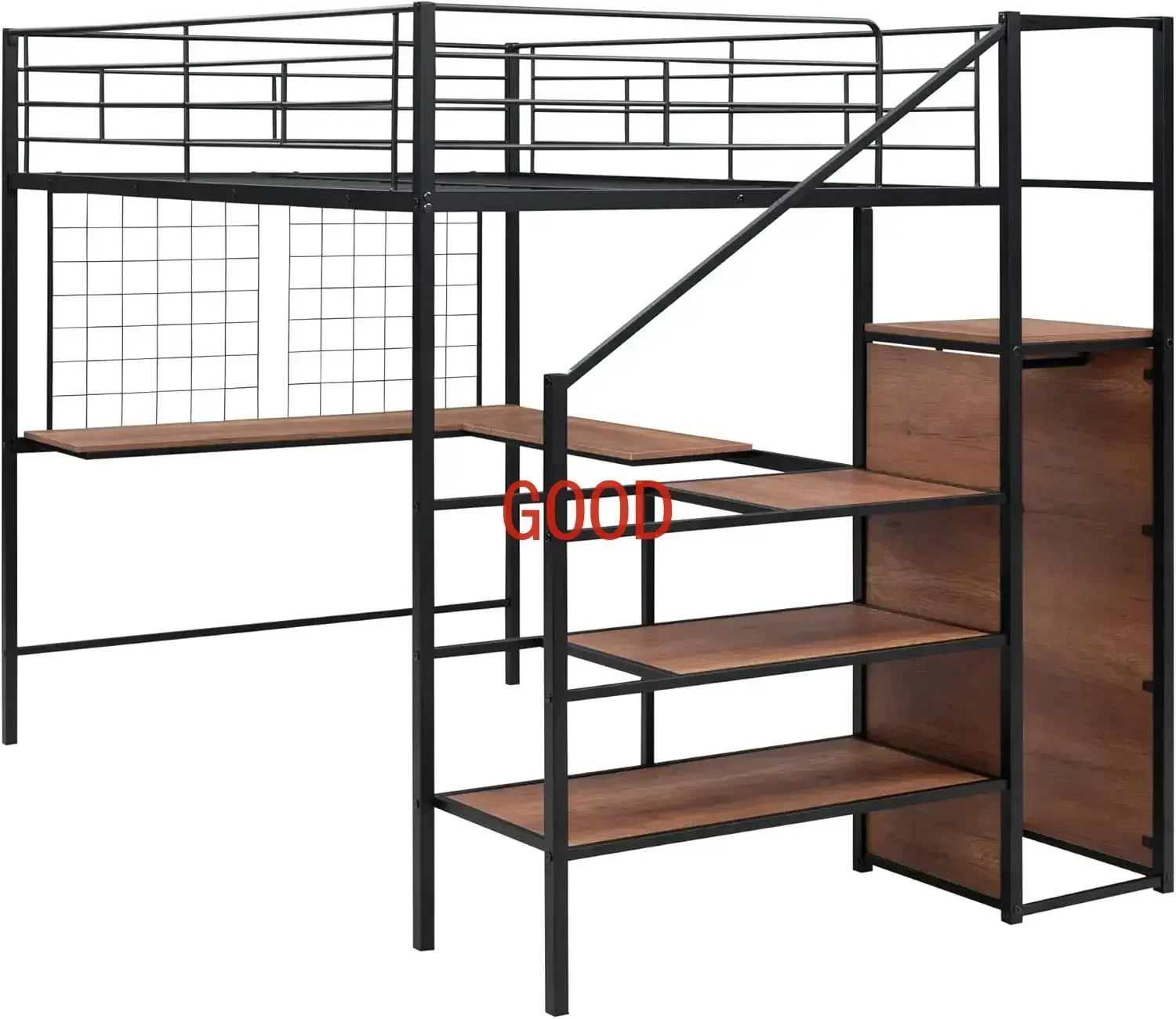 Full Size Metal Loft Bed with Desk and Metal Grid,Stylish Bed Frame W/Lateral Storage Ladder