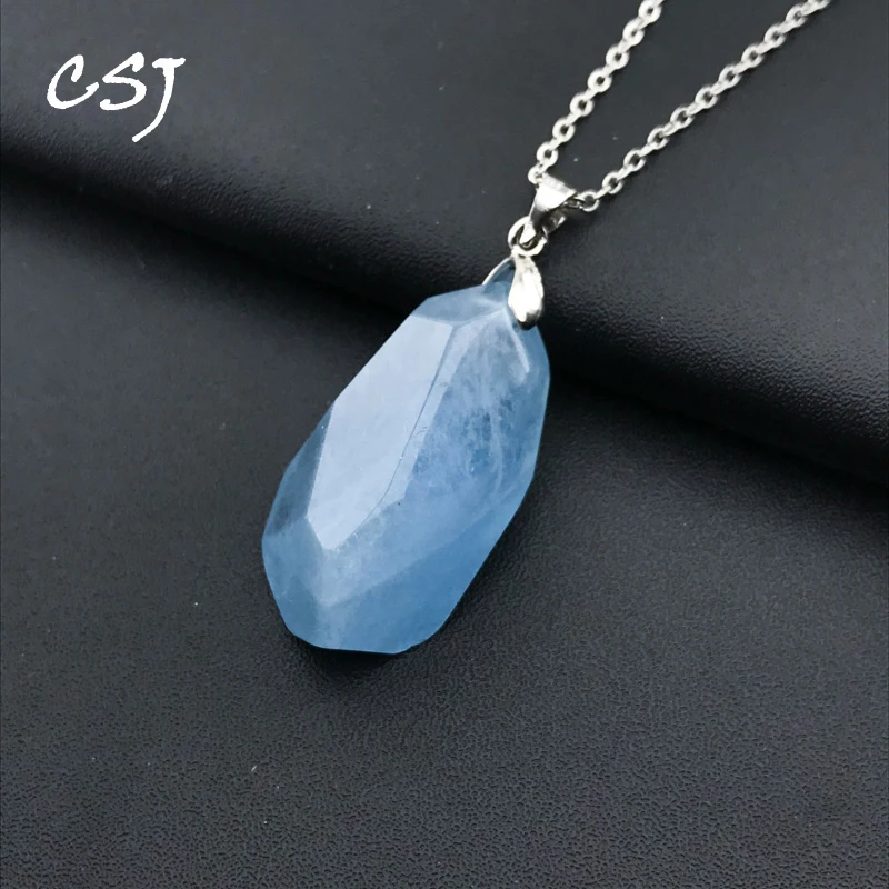 

CSJ Trendy Natural Aquamarine Pendants Sterling 925 Silver Morganite Raw Gemstone Necklace for Women Party Gift Hexagonal Prisms