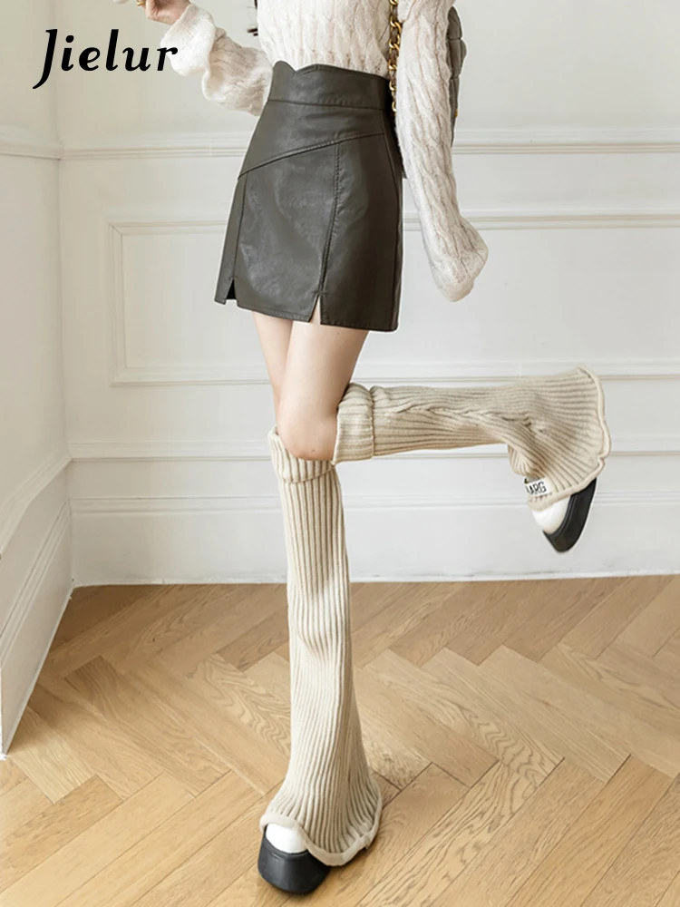 

Jielur Autumn New PU Solid Color Sweet Ladies Woman Skirts Simple Foundation A-line Skirts Coffee Black High Waist Slim Skirts
