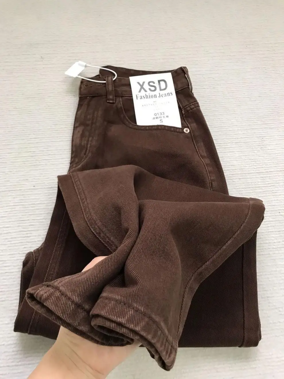 Damen Gerade Hose Herbst Hochgeschnittene Taschen-Weitbein-Hose Schlankmachende Damen-Studenten-Retro-Kaffee-Schmale Gerade Jeans – Detail 3