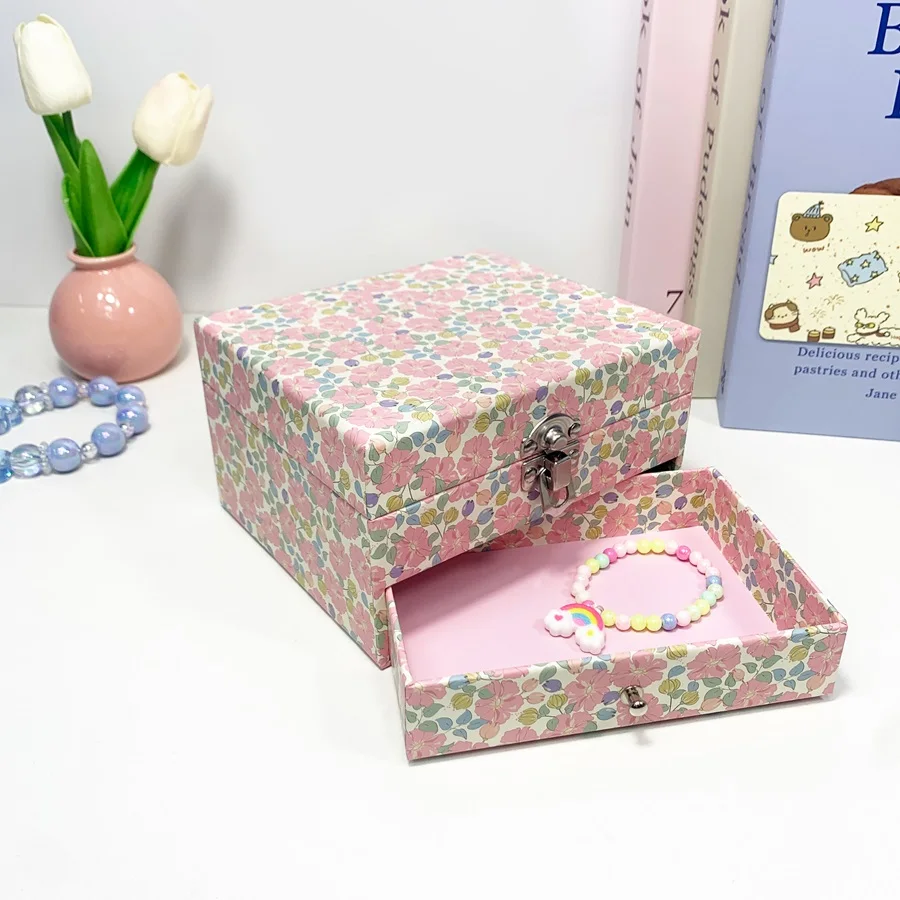 صندوق تشغيل الموسيقى مستطيل بتصميم الأزهار مع مرآة درج وتخزين مجوهرات راقصة الباليه الدوارة للخواتم والقلائد والأساور