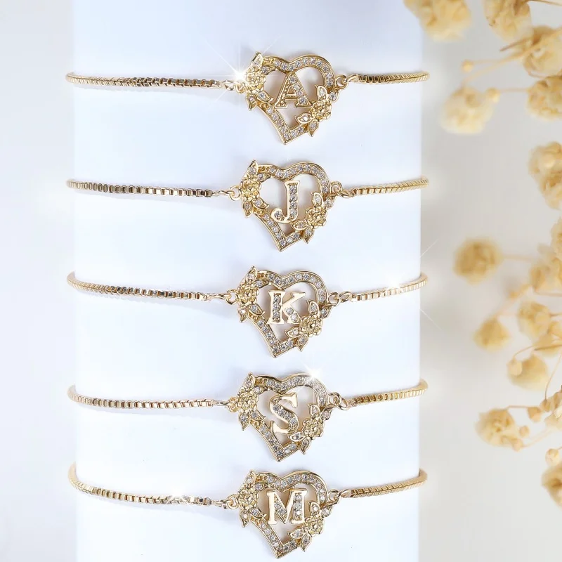 2026 New Love Flower Design New Trendy Adjustable Letter Bracelet, Elegant, Simple, and Fashionable White Diamond Zircon Jewelry