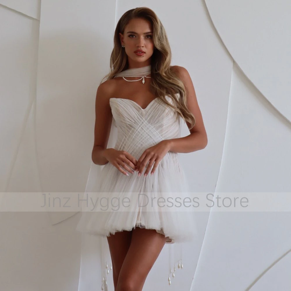 Short Wedding Dress White Tulle Nude Lining A Line Mini Wedding Gowns for Women V Neck Sleeveless Backless Luxury Bridal Dresses