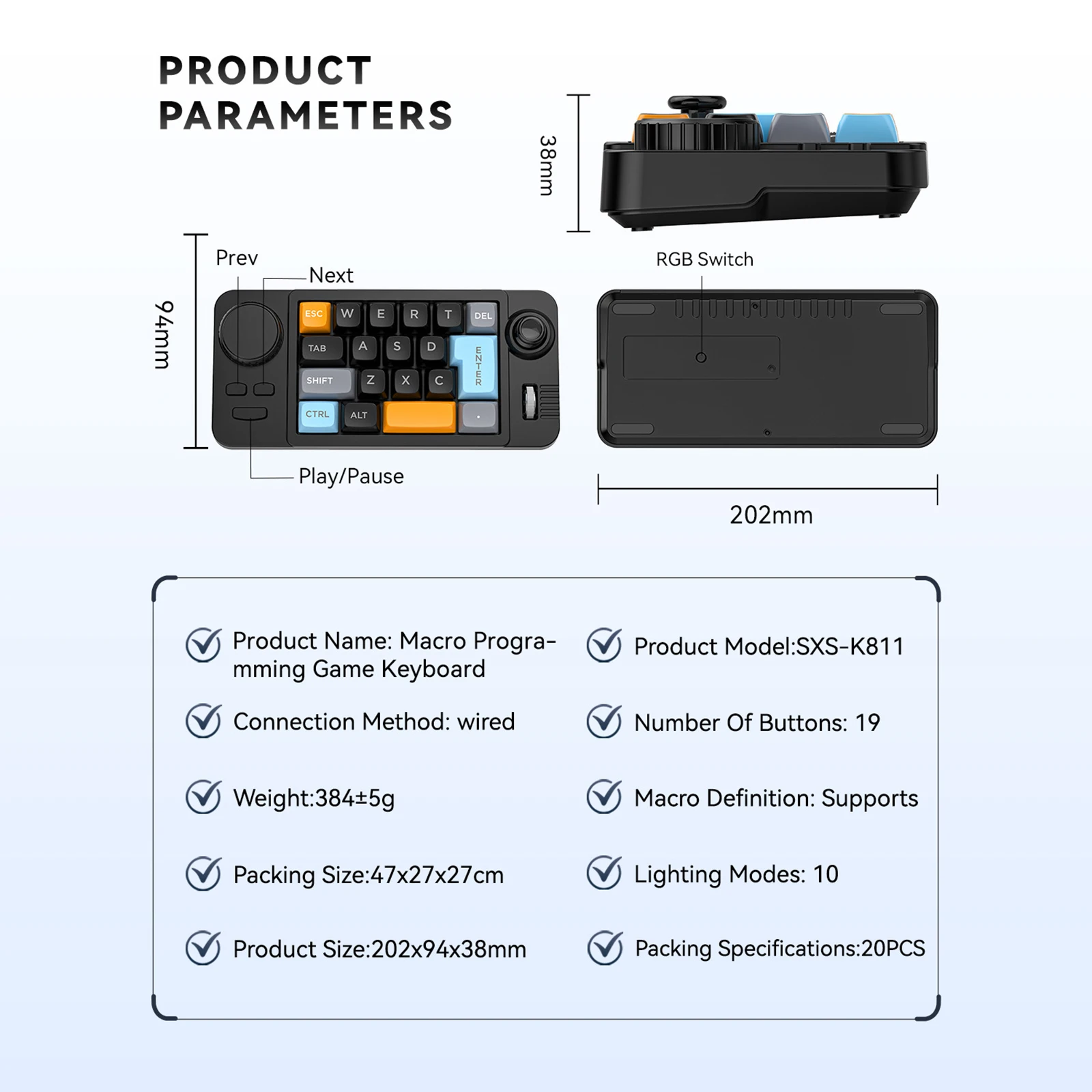 Programowalna, przewodowa klawiatura mechaniczna z 19 klawiszami, hot-swap, klawiatura gamingowa z joystickiem do regulacji głośności i klawiaturą numeryczną dla Win8/10