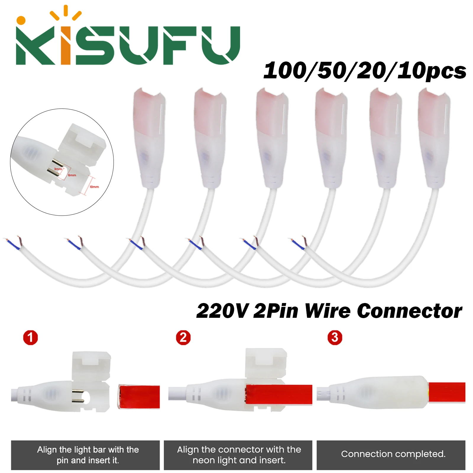 100/50/10/5pcs 2Pin Wire Connector for 220V 10mm 2835/5050 COB LED Strip Lights No Soldering 2Pin Connector With 20cm 2Pin Wire