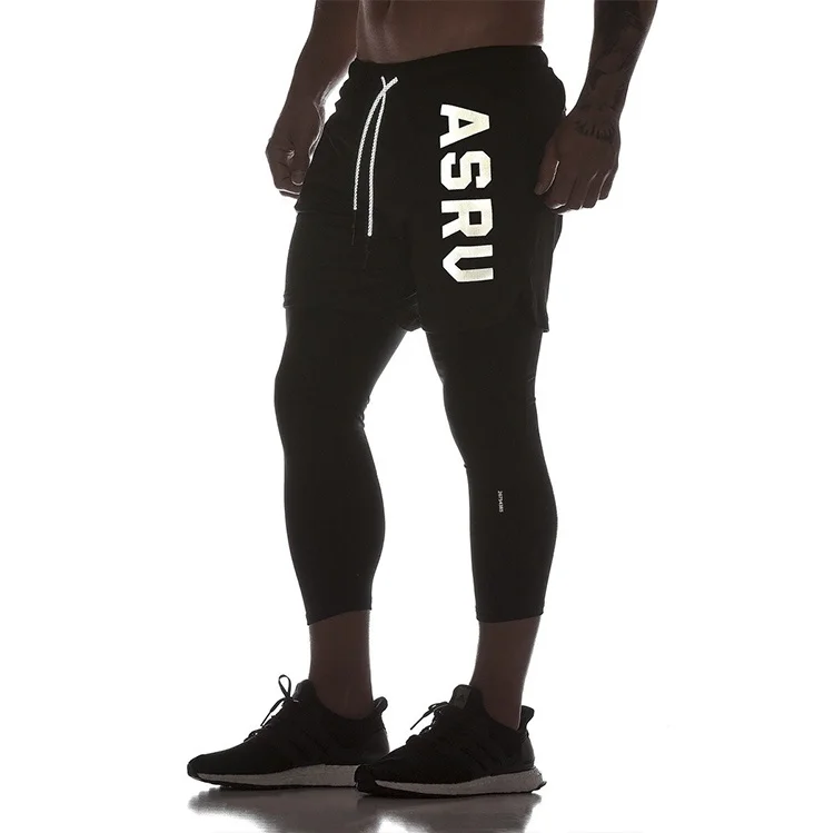 Men 2 in 1 Sport Leggings Shorts Quick Dry Fit Running Training Pants Gym Workout Ankle-Length Trousers Joggers Fitness Tights