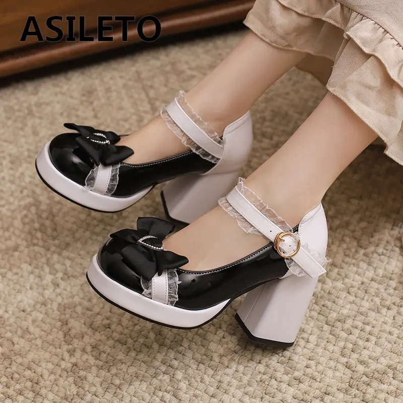 ASILETO Sweet Lolita Girls Pumps Round Toe Block Heels 9.5cm Platform Buckle Strap Bowknot 42 43 Pink Women Shoes Mixed Color