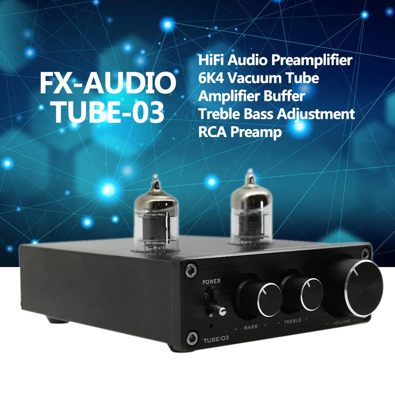 TUBE-03 HiFi Audio Preamplifier 6K4 Vacuum Tube Amplifier Buffer Treble Bass Adjustment RCA Preamp EU Plug AC100-240V