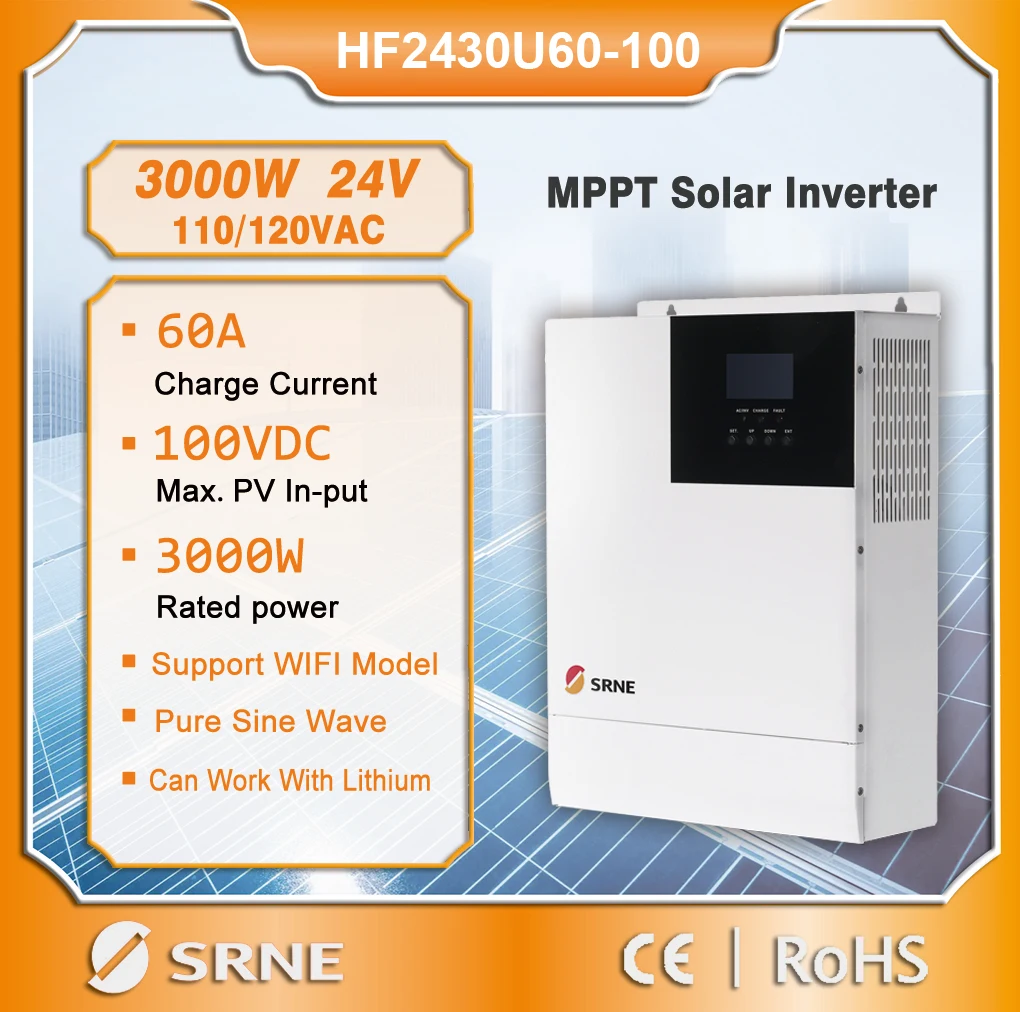 SRNE 3000W 24VDC Solar Hybrid Inverter 110/120VAC 50Hz/60Hz Hybrid Inverter Pure Sine Wave 60A MPPT Battery Charger Inversor