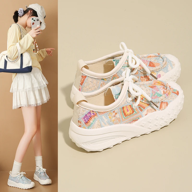 

Sequin casual sneakers, lace mesh breathable thick-soled slip-on fisherman shoes, 680