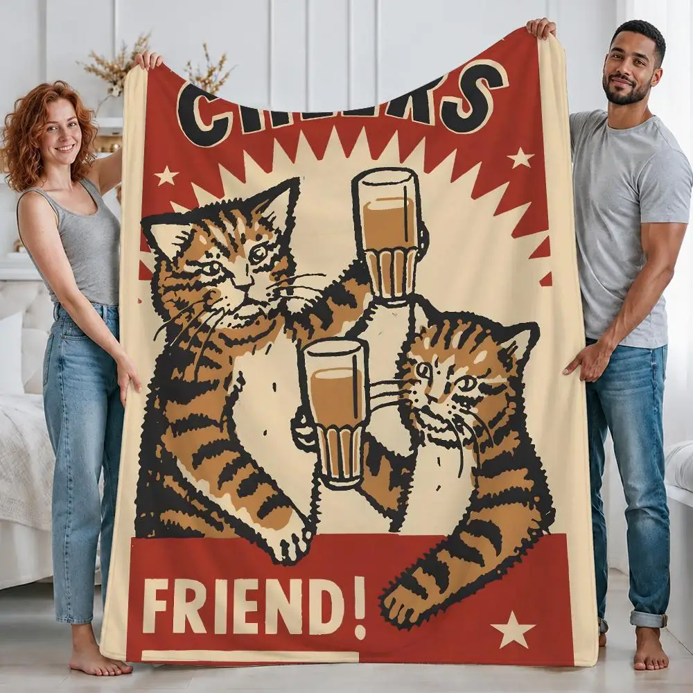Funny Art Funny Cheers Drunk Cats Throw Custom Printed Flannel Fleece Blanket for Sofa Bed Office Travel & Camping