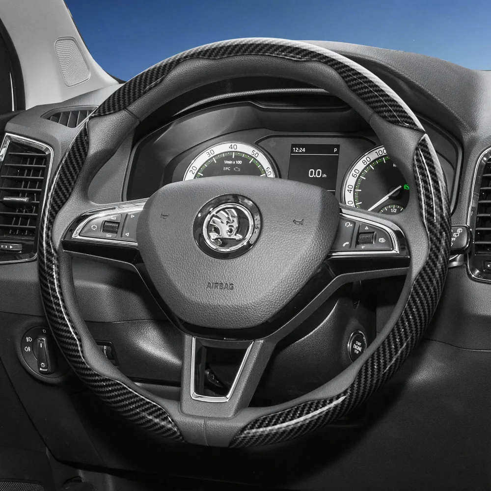Funda para Volante de Coche con Textura de Fibra de Carbono, Diseño Segmentado de Liberación Rápida, Duradera, Compatible con Skoda Octavia, Kamiq, Fabia, Kodiaq, Karoq, Enyaq, Superb, Scala, Kushaq, Slavia, Elroq, Kylaq