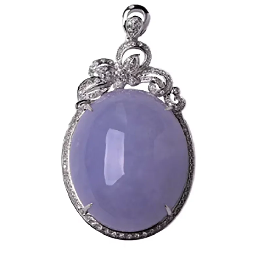 Natural Jade Chalcedony violet color Oval Necklace Large Pendant high-level and Luxury Fashion Engagement Silver Jewelry