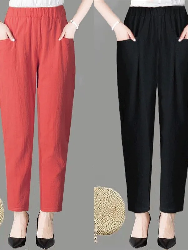 بنطلون هاريم فضفاض رقيق من القطن والكتان للصيف، بنطلون نسائي كاجوال أسود على شكل فانوس، نمط كوري بخصر مرتفع وطول تسعة أرباع