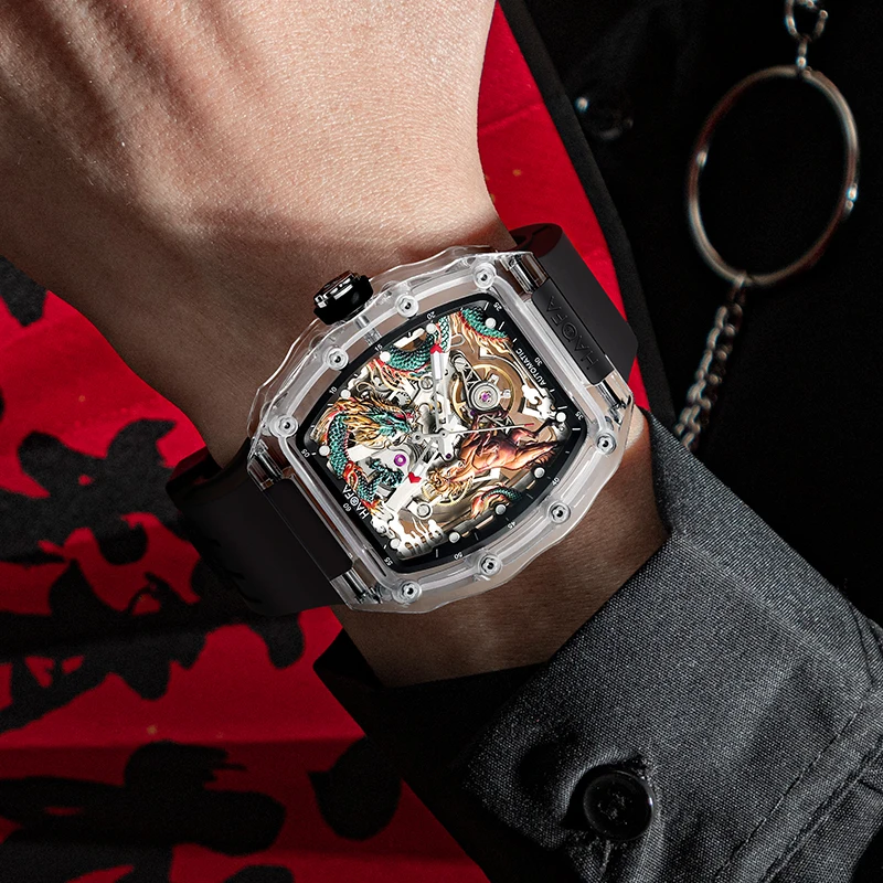 Haofa Mens Wristwatch 3D Longma Automatic Mechanical Skeleton Transparent Crystal Chinese Style High Quality Luxury Watches 2323