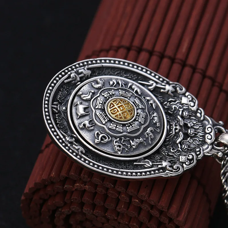 S925 Sterling Silver BaGua Pendant Black Color Old Process Unisex Brass Chinese Zodiac RotatableFine Jewelry FYNE396