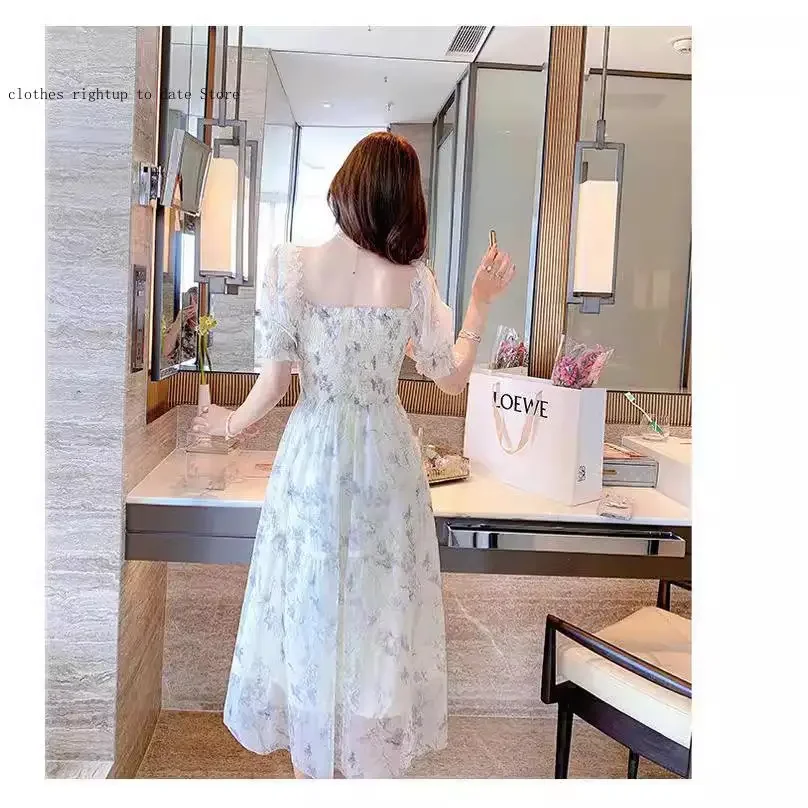 Summer Tea Break French Ink Painting Fashionable Temperament Ladies' White Chiffon Dress Women's Clothing
