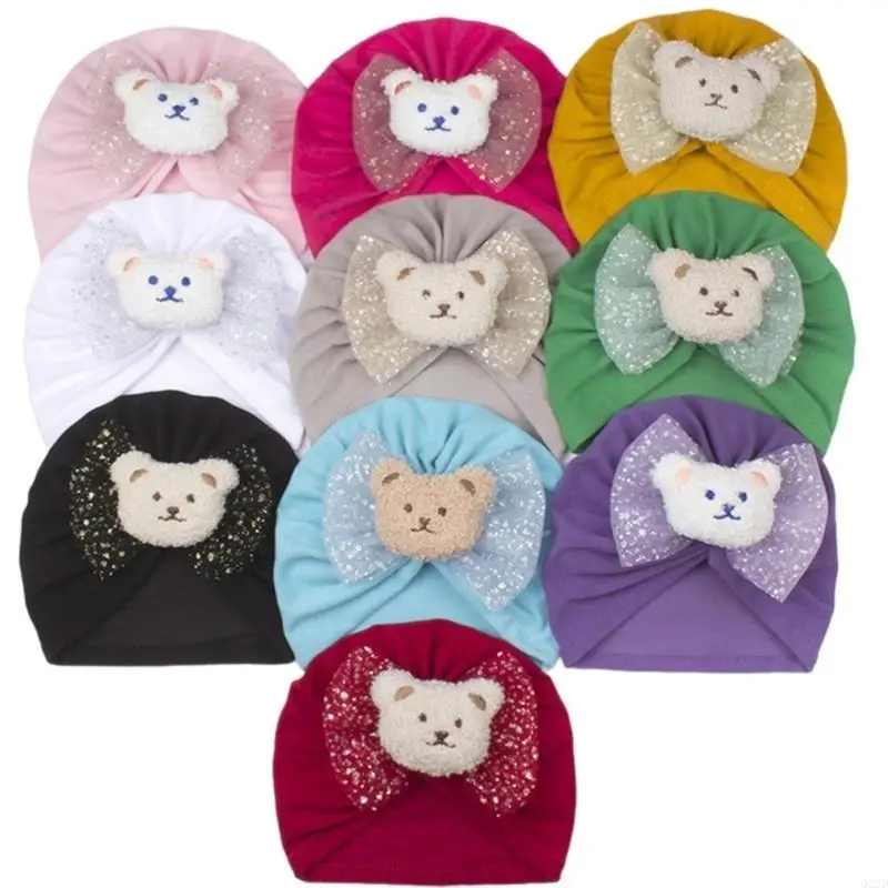 

Q22D Fashionable Infant Turban Hat Lovely Bear Baby Fetal Caps Knotted Indian Hat with Bowknot Detail, Trend Bonnet Headwrap