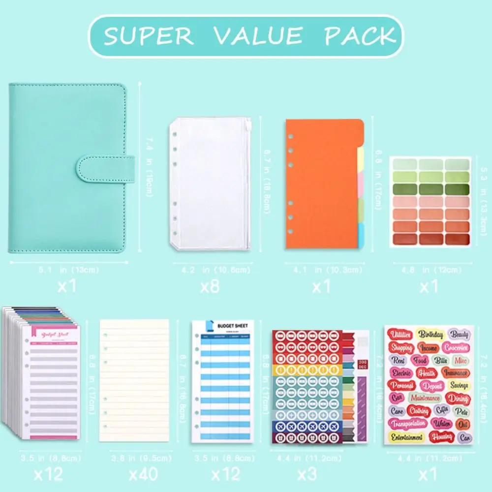 A6 Binder Ledger PU Leather PVC Money Binder Organizer مع مغلفات بسحاب وملصقات مخطط الميزانية