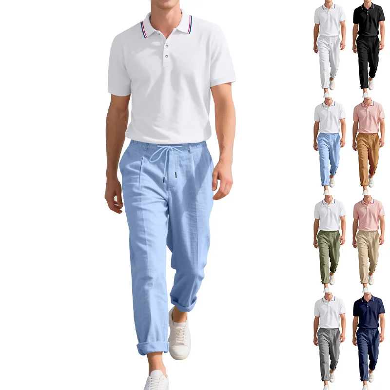 

Summer Men's Summer Suit Golf Polo Shirt Short Sleeve Linen & Long Pants Men's Two-Piece Set