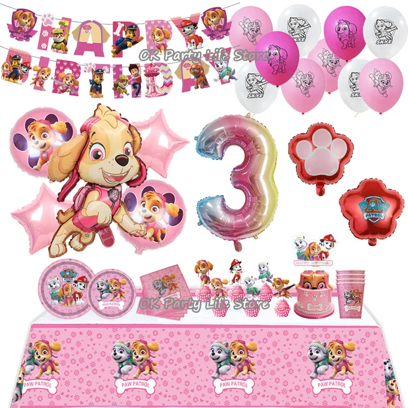 Girl Pink Theme PAW Patrol Birthday Party Decoration For Kids Toy Gift Aluminum Foil Balloon Event Supplies Banner Mask Backdrop