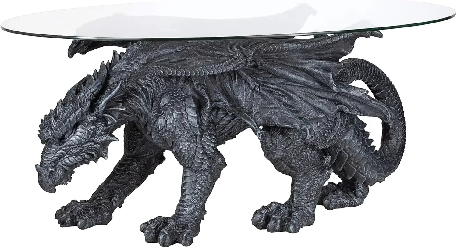 Mesa de centro com cobertura de vidro Warwickshire Dragon Gothic Decor, 39 polegadas, poliresina, pedra cinza