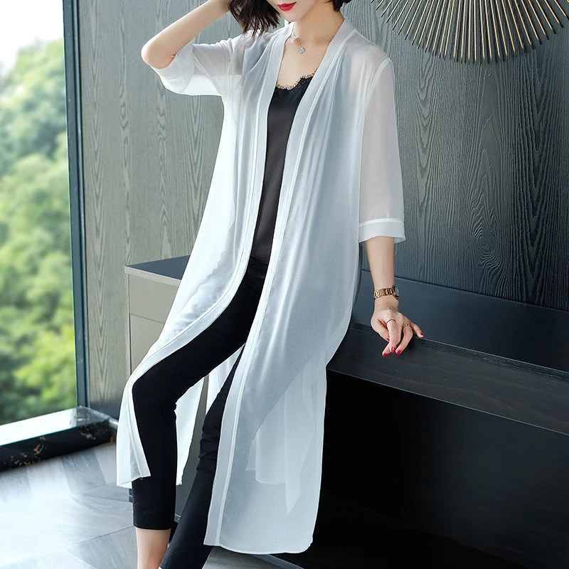 Blusa tipo cárdigan de gasa larga de verano para mujer, estilo kimono, camisa de oficina con protección solar, tops de playa, blusas de talla grande para mujer