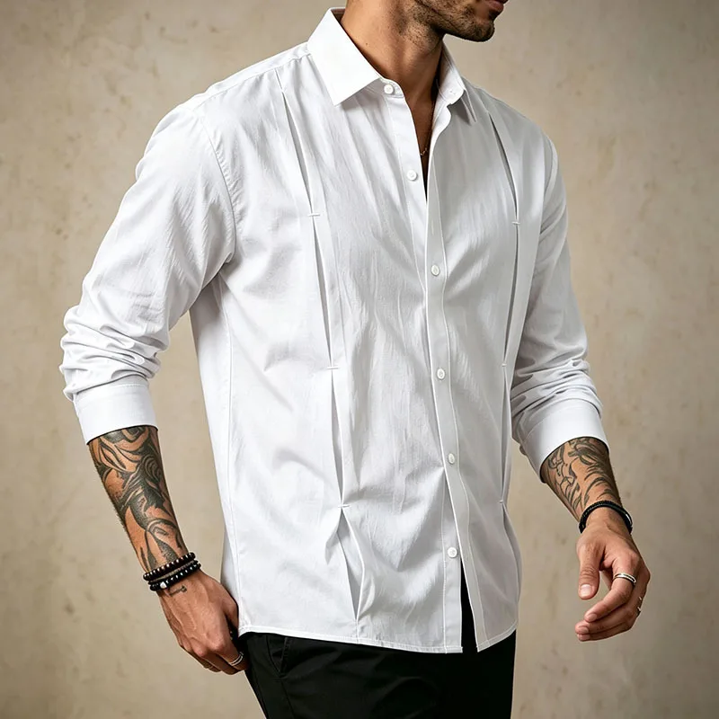 Mens Spring Autumn Linen Shirt Old Money Tuck Pleat Design Turn Down Collar Button Long Sleeve Casual Shirt for Men