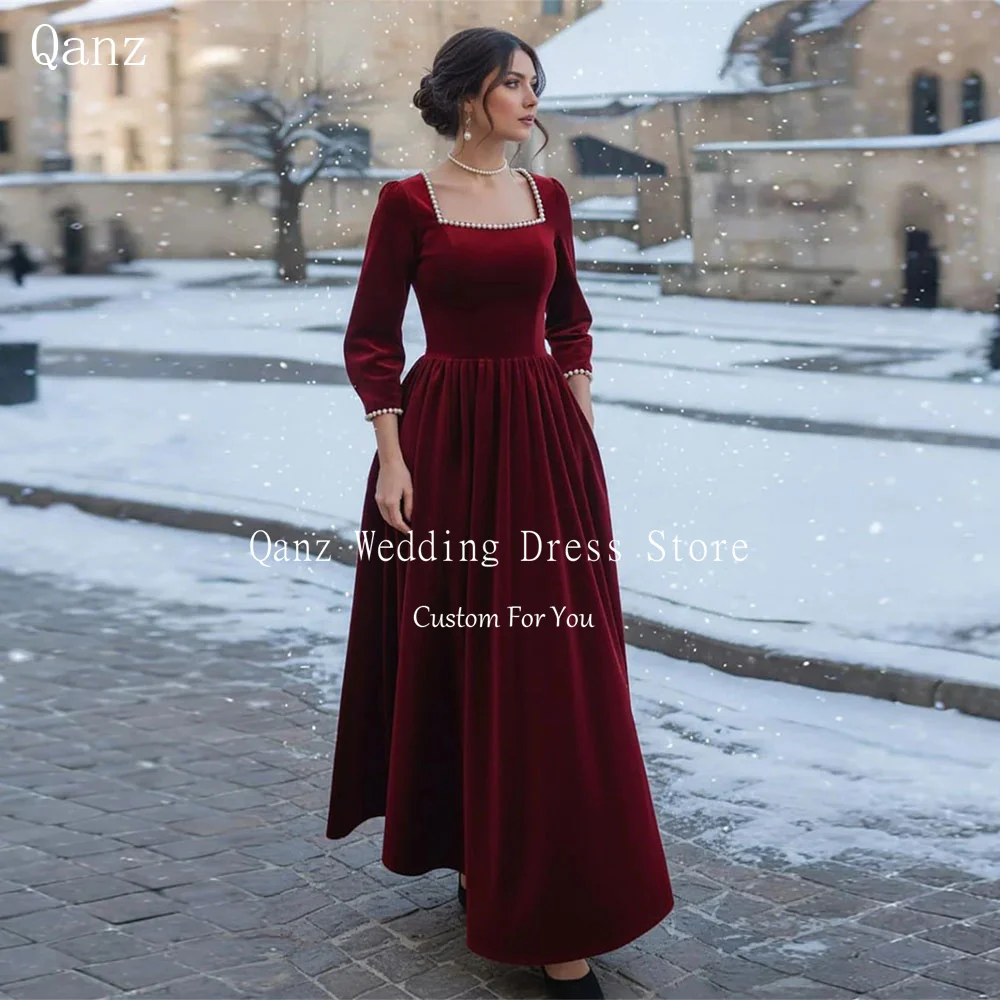 

Qanz Burgundy Velvet Prom Dresses Square Collar Pearls Wedding Party Dress Charming Christmas Formal Evening Gowns Customized
