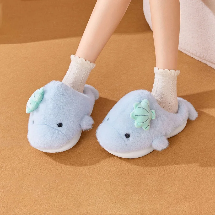 New Cute Plush Dolphin Slippers Women Shell Applique Slides Cozy Open Back Fuzzy Indoor Shoes Woman Winter Home Warm Slippers