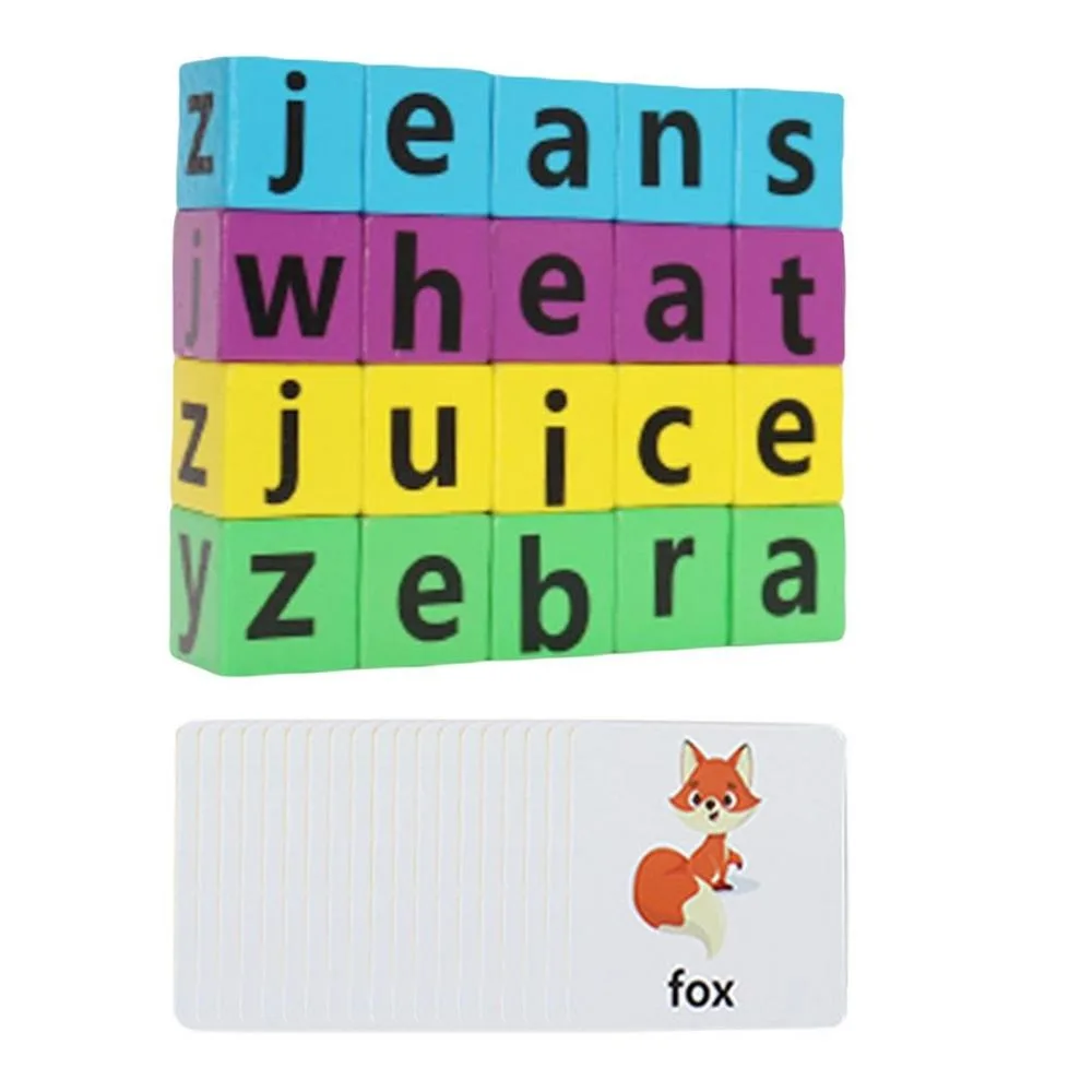 Wooden Literacy Flashcards Baby Learning Cards Puzzle Game Alphabet Spelling Game English Words Card Letter Spelling Block