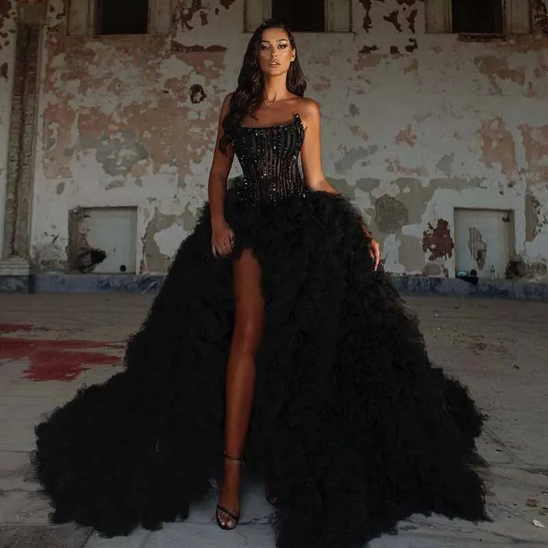 Black Beaded Long Prom Gowns With Detachable Train Sexy Split Gothic Bridal Dresses Puffy Ruffled Tutu Over Wrap Skirt