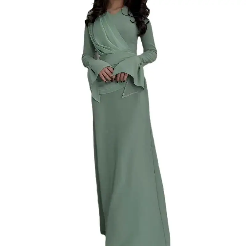 2024 Cekcya Women's V-neck Long Sleeved Dress Elegant Young Ladies Tie Waist Robe Trumpet Sleeves Female Fancy  Maxi Vestido