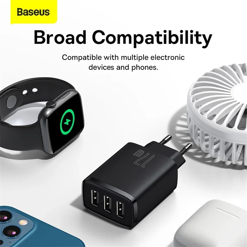 Baseus Compact Charger 3U 17W EU Charger Universal Portable 3Ports Travel Wall Adapter Portable Safe Charging for IPhone Samsung