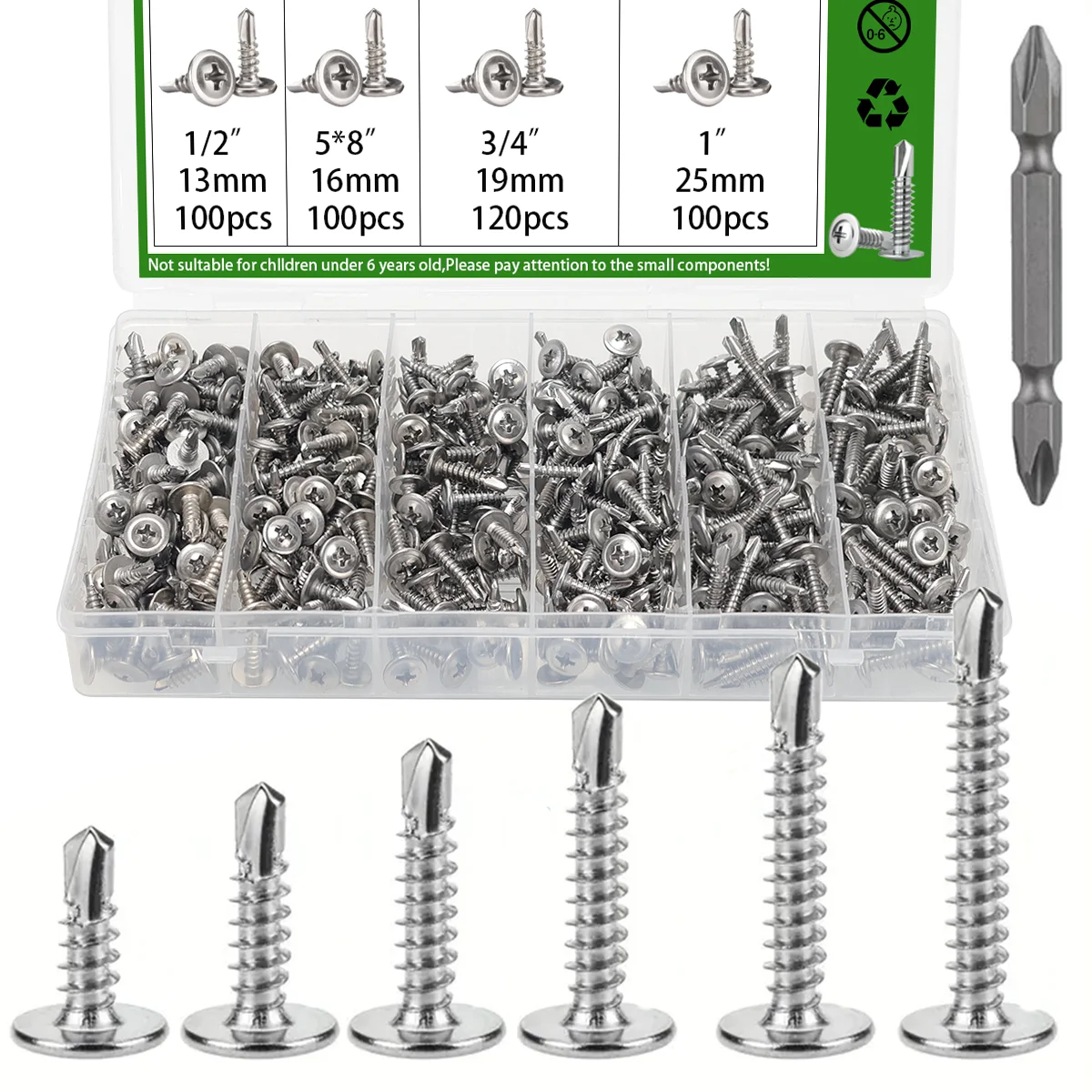165-Piece 410 Stainless Steel Phillips Head Self-Drilling Screw Set, #8 Drill Self-Drilling Screws, with Phillips Screwdriver