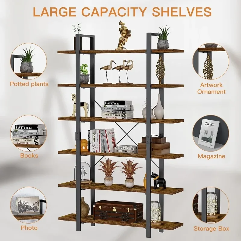 FRAPOW 83Inch Large Vintage Bookshelf, 6 Tier Industrial Etagere Displaying Bookshelf with Metal Frame