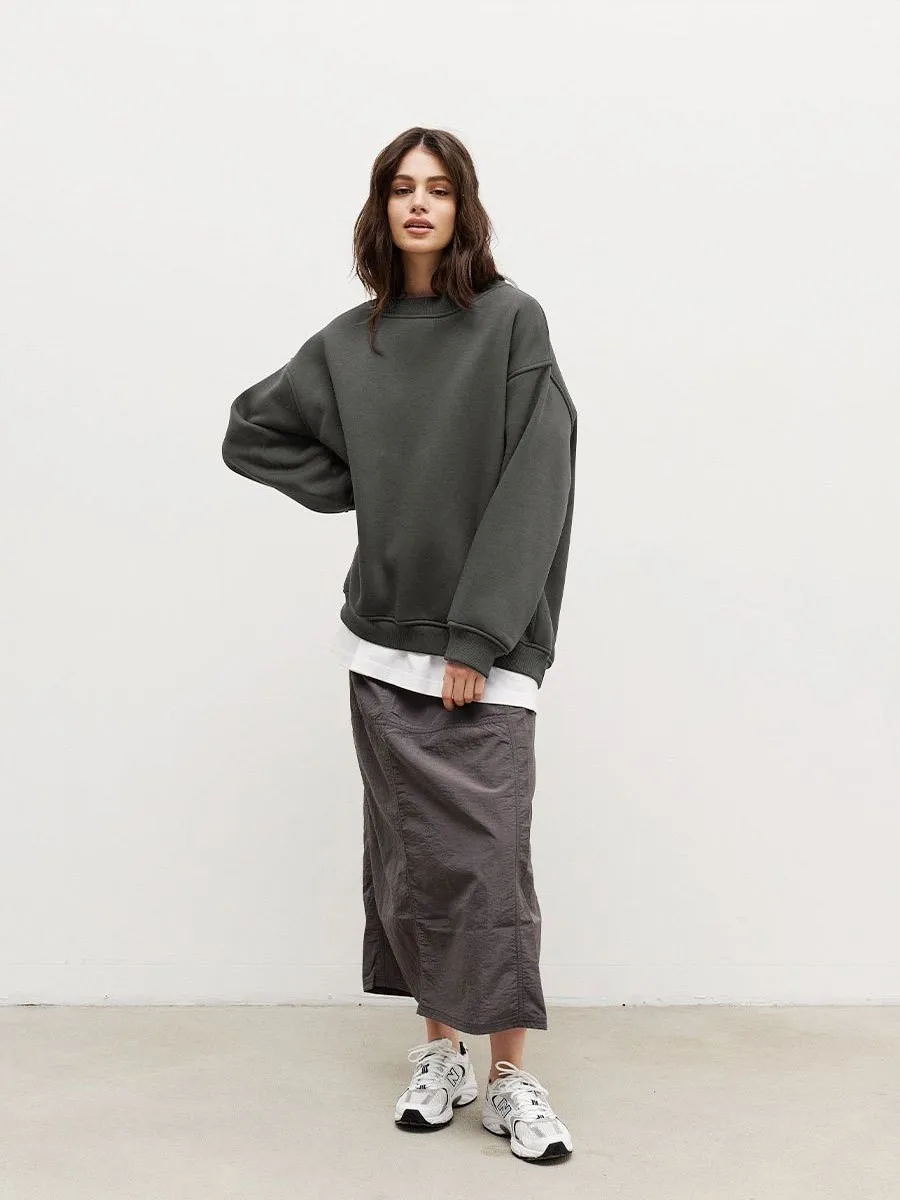 Round Neck Pullover Hoodie Mid Length Alternative Street with Loose Fit Single Regular Thickness Streetwear Women Sweatshirts